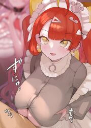 Rule 34 | 1boy, 1girl, blurry, blurry background, blush, breasts, character request, clothed female nude male, clothed paizuri, earrings, grabbing own breast, hetero, highres, jewelry, large breasts, maid, mikasayaki, nude, open mouth, orange hair, paizuri, pale skin, shortstack, slit pupils, twintails, virtual youtuber, yellow eyes