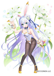Rule 34 | 1girl, :d, animal ears, baikasou (flower knight girl), bare shoulders, black thighhighs, blue bow, blue bowtie, blush, bow, bowtie, breasts, cleavage, collarbone, dot nose, fake animal ears, flower, flower knight girl, full body, green eyes, hair flower, hair ornament, high heels, highres, holding, holding sword, holding weapon, knees together feet apart, leotard, long hair, looking at viewer, medium breasts, name connection, object namesake, official art, open mouth, playboy bunny, rabbit ears, rapier, sakofu, shoes, side ponytail, sidelocks, simple background, smile, solo, standing, sword, thighhighs, thighs, weapon, white background, white hair, white leotard, wrist cuffs, yellow footwear