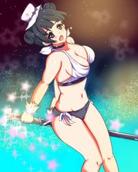 Rule 34 | 1girl, bikini, black hair, blue eyes, blush, breasts, cleavage, curvy, double bun, gloves, hat, houkago no pleiades, itsuki (houkago no pleiades), navel, open mouth, pole, riding, short hair, smile, solo, swimsuit, top hat, tranquilizer (bestcenter), wide hips