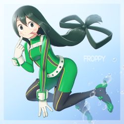 Rule 34 | 10s, 1girl, asui tsuyu, black eyes, blush stickers, bodysuit, boku no hero academia, breasts, character name, gloves, green hair, highres, leaping, long hair, looking at viewer, medium breasts, tomozu, tongue, tongue out, very long hair, water drop, white gloves