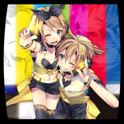 Rule 34 | 1boy, 1girl, ;d, belt, black bow, black bra, black shorts, black thighhighs, blonde hair, blue eyes, bow, bra, breasts, brother and sister, cleavage, collarbone, grin, hair between eyes, hair bow, hair ornament, headphones, index finger raised, kagamine len, kagamine rin, looking at viewer, midriff, nail polish, navel, one eye closed, open mouth, shiny skin, shiomizu (swat), short hair, short shorts, shorts, siblings, small breasts, smile, stomach, test card, thighhighs, thunder hair ornament, twins, underwear, unzipped, vocaloid, wrist cuffs, yellow nails
