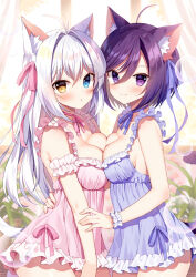 Rule 34 | 2girls, :o, ahoge, aina rive, animal ear fluff, animal ears, antenna hair, babydoll, bare shoulders, blush, breast press, breasts, cat ears, cat girl, cat tail, cleavage, closed mouth, commentary, frilled babydoll, hair between eyes, hair intakes, indoors, large breasts, lingerie, long hair, mauve, medium breasts, multiple girls, nightgown, original, parted lips, purple eyes, purple hair, smile, symbol-only commentary, symmetrical docking, tail, underwear, very long hair, white hair