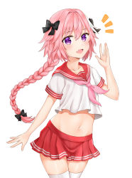 Rule 34 | 1girl, astolfo (fate), astolfo (sailor paladin) (fate), black bow, blush, bow, braid, collarbone, commentary request, eating (artist), eating (eetw7887), fang, fate/grand order, fate (series), hair bow, hair intakes, hair ribbon, highres, long braid, long hair, looking at viewer, male focus, multicolored hair, official alternate costume, open mouth, pink hair, purple eyes, ribbon, simple background, single braid, smile, solo, streaked hair, thighhighs, trap, white background