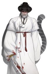 Rule 34 | 1boy, arm at side, beard, black headwear, blood, blood on clothes, bloody weapon, cat tail, clothing request, facial hair, gat (korean traditional hat), grey hair, hair bun, highres, holding, holding sword, holding weapon, ina (ina29ana), jewelry, korean clothes, long sleeves, looking at viewer, male focus, necklace, old, old man, scar, scar across eye, see-through, see-through headwear, simple background, solo, standing, sword, tail, weapon, white background, wide sleeves, yellow eyes