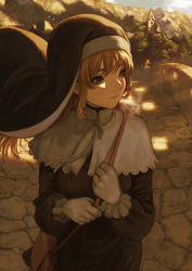 Rule 34 | 1girl, absurdres, bag, brown eyes, brown hair, gloves, habit, highres, holding, hotateyuki, huge filesize, light rays, long hair, looking to the side, nijisanji, nun, outdoors, plant, sister claire, sister claire (1st costume), solo, sunbeam, sunlight, traditional nun, tree, virtual youtuber, white gloves