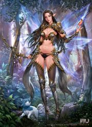 Rule 34 | 1girl, absurdres, animal, armor, bikini armor, bird, black hair, black panties, blue eyes, bow (weapon), breasts, bustier, cleavage, copyright name, dospi, fairy wings, forest, full body, greaves, highres, long hair, medium breasts, mu origin, nature, official art, panties, parted lips, pointy ears, shoulder armor, smile, solo, standing, stomach, thighhighs, tree, underwear, weapon, wings