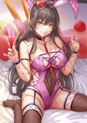 1girl animal_ears anklet black_hair blush breasts brown_thighhighs collarbone commentary_request covered_navel cup earrings fake_animal_ears grin hair_ornament hairband hands_up highleg highleg_leotard highres holding jewelry large_breasts leotard long_hair looking_at_viewer original pink_hairband pink_leotard playboy_bunny rabbit_ears sakiyamama signature sitting skindentation smile solo teeth thighhighs thighs valentine wariza yellow_eyes