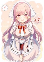Rule 34 | 1girl, :d, absurdres, animal, apron, bow, breasts, collared dress, commentary, dress, frilled apron, frilled dress, frills, head scarf, highres, juliet sleeves, large breasts, long hair, long sleeves, looking at viewer, open mouth, original, own hands together, pink dress, pink hair, puffy sleeves, red bow, red eyes, smile, sofra, solo, spoken notice lines, squid, symbol-only commentary, v arms, very long hair, white apron