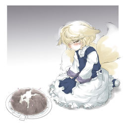Rule 34 | 1girl, accident, animal ears, blonde hair, blush, broken, cake, dress, failure, female focus, food, fox ears, fox tail, frilled dress, frills, gradient background, grey background, head down, long sleeves, looking at viewer, multiple tails, no headwear, plate, sad, seiza, shoes, sitting, sleeves past wrists, solo, tail, tears, tomotsuka haruomi, touhou, white dress, yakumo ran, yellow eyes