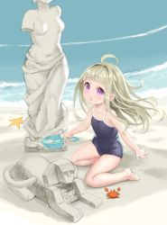 Rule 34 | 1girl, ahoge, barefoot, beach, blue one-piece swimsuit, blunt bangs, brown hair, child, commentary request, crab, feet, highres, long hair, m-eine, ocean, one-piece swimsuit, open mouth, original, outdoors, pink eyes, sand, sand sculpture, school swimsuit, sitting, soles, solo, starfish, swimsuit, thighs, toes, trowel, water