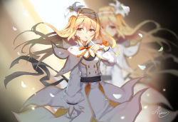 Rule 34 | 1girl, aliter, artist name, bandages, bandaged arm, blonde hair, capelet, dress, flower, gloves, hair flower, hair ornament, headband, highres, long hair, looking at viewer, petals, sash, sera mani, shironeko project, single glove, solo, white dress, white gloves, wind