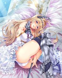 Rule 34 | 1girl, ahoge, armor, bare shoulders, blonde hair, blue eyes, blush, boots, breasts squeezed together, breasts, covered erect nipples, dress, flag, frilled dress, frills, granblue fantasy, greaves, hair intakes, hair ornament, high heel boots, high heels, highres, jeanne d&#039;arc (granblue fantasy), large breasts, long hair, looking at viewer, lying, nanase mizuho, on side, open mouth, panties, sideboob, smile, solo, standard bearer, thighhighs, underwear, white dress