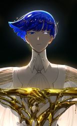 Rule 34 | 1other, ascot, beads, blue eyes, blue hair, bowl cut, closed mouth, cropped, expressionless, gem, glowing, glowing eye, golden arms, half-closed eyes, halo, hands up, heterochromia, houseki no kuni, kt (kloysius), liquid, looking at viewer, pearl (gemstone), phosphophyllite, phosphophyllite (ll), see-through, see-through sleeves, short hair, spoilers, straight-on, upper body, weapon, white ascot, white eyes, wide sleeves