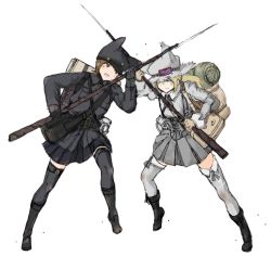Rule 34 | 2girls, american civil war, animal ears, attack, backpack, bag, battle, bayonet, belt, black gloves, black legwear, black skirt, blonde hair, blue eyes, blush, boots, brown eyes, brown hair, buttons, clothes writing, confederate flag, fang, flag, gloves, grey gloves, grey legwear, grey skirt, hat, holding, jacket, long hair, long sleeves, looking at another, mars expedition, military, military uniform, multiple girls, open mouth, petticoat, pleated skirt, pocket, ponytail, short hair, simple background, skirt, thighhighs, uniform, war, weapon, white background, y (khakiyawn), zettai ryouiki