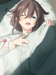 Rule 34 | 1girl, absurdres, alternate hairstyle, blue eyes, blush, commentary, dated, hair between eyes, hair down, hair flaps, hair ornament, unworn hair ornament, highres, kantai collection, long hair, looking at viewer, lying, messy hair, nude, on back, parted lips, pillow, shigure (kancolle), shigure kai ni (kancolle), signature, solo, twitter username, umibudou, under covers, upper body, waking up