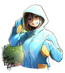 Rule 34 | 1girl, agawa ryou, blue coat, blush, brown eyes, brown hair, bush, coat, commentary, cowboy shot, dated, english commentary, grin, hood, hood up, hooded coat, looking at viewer, nose blush, original, raincoat, short hair, sleeves past wrists, smile, solo, wet, wet clothes