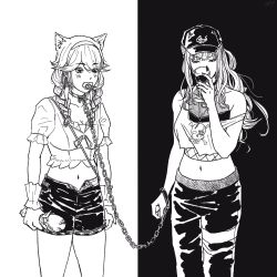 Rule 34 | 2girls, animal ears, bare arms, baseball cap, blush, braid, breasts, cat ears, chain, chain leash, choker, cleavage, collarbone, commentary, cowboy shot, crop top, cuffs, cup, death grips, drink, drinking glass, dyscomm, english commentary, greyscale, hairband, hand up, handcuffs, hat, highres, holding, holding drink, hololive, hololive english, leash, long hair, midriff, monochrome, mori calliope, mori calliope (streetwear), multiple girls, navel, pacifier, pants, ponytail, short sleeves, shorts, skull and crossbones, strap slip, takanashi kiara, takanashi kiara (casual), tank top, the money store, twin braids, v-shaped eyebrows, virtual youtuber, wine glass, wrist cuffs