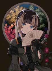 Rule 34 | 1girl, autumn leaves, black dress, black hair, blue eyes, brown hair, choker, corset, dress, frilled dress, frills, gothic lolita, hand fan, hololive, hololive dev is, juufuutei raden, lace, lace choker, lolita fashion, multicolored hair, nobume, plant, red lips, solo, two-tone hair, vines, virtual youtuber
