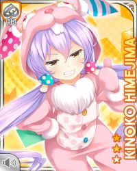 Rule 34 | 1girl, animal costume, rabbit costume, card (medium), character name, close-up, closed mouth, easter, food-themed hair ornament, girlfriend (kari), hair ornament, himejima kinoko, long hair, mushroom, official art, purple hair, qp:flapper, smile, solo, standing, tagme, twintails, v-shaped eyebrows, very long hair, yellow background, yellow eyes