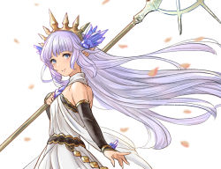 Rule 34 | 1girl, arm warmers, bare shoulders, blue eyes, breasts, character request, dress, granblue fantasy, headpiece, holding, holding staff, kakikuyeko3181, long hair, looking at viewer, pointy ears, silver hair, small breasts, smile, staff, white background