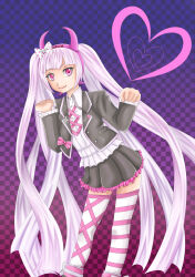 Rule 34 | 1girl, asymmetrical legwear, bent over, black jacket, black skirt, bow, checkered background, child, closed mouth, collared jacket, collared shirt, danganronpa (series), danganronpa another episode: ultra despair girls, eyebrows hidden by hair, fake horns, feet out of frame, female focus, frilled skirt, frills, full body, hairband, hands up, headband, heart, highres, horned headwear, horns, jacket, long hair, long sleeves, looking at viewer, matching hair/eyes, multicolored hair, multicolored socks, neck ribbon, pink background, pink bow, pink eyes, pink footwear, pink hair, pink hairband, pink headband, pink headwear, pink horns, pink ribbon, pink socks, pleated skirt, polka dot, polka dot bow, purple background, ribbon, shirt, simple background, skirt, smile, socks, solo, standing, striped clothes, striped socks, twintails, utsugi kotoko, white footwear, white shirt, white socks
