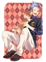 Rule 34 | 1boy, animal, animal on chest, animal on lap, argyle, argyle background, argyle clothes, black jacket, blue hair, blush, brown footwear, commentary request, crescent, dog, full body, green eyes, heart, high collar, holding, holding animal, isa (kingdom hearts), jacket, kingdom hearts, kingdom hearts birth by sleep, leaning back, licking, licking another&#039;s cheek, licking another&#039;s face, male focus, minatoya mozuku, on lap, one eye closed, open mouth, pants, patterned background, pink background, shoes, sitting, smile, solid circle eyes, solo, spiked hair, white pants