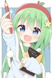 Rule 34 | 1girl, :d, arm up, ayanepuna, beret, blue background, blue eyes, blue shirt, blush, capelet, commentary request, fur-trimmed capelet, fur trim, green capelet, green hair, hair between eyes, hair ornament, hat, highres, holding, holding pencil, hugging object, long sleeves, notebook, one side up, open mouth, original, outstretched arm, pencil, puffy long sleeves, puffy sleeves, red hat, shirt, sketchbook, sleeves past wrists, smile, solo, sparkle, star (symbol), star hair ornament, star in eye, symbol in eye, upper body