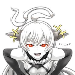 Rule 34 | +++, 1girl, abyssal ship, ahoge, artist name, blush, breasts, colored skin, dated, fang, highres, horns, kantai collection, long hair, new battleship princess, open mouth, orange eyes, signature, simple background, small breasts, smug, solo, tk8d32, upper body, white background, white hair, white skin