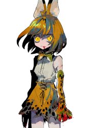 Rule 34 | 1girl, animal ears, bad id, bad pixiv id, blonde hair, blood, blood on face, blood on hands, bow, bowtie, breasts, claws, closed mouth, elbow gloves, fangs, gloves, kemono friends, serval (kemono friends), serval print, shirt, short hair, simple background, skirt, sleeveless, small breasts, solo, soumenhiyamugi, traditional bowtie, white background, white shirt, yellow eyes, yellow skirt