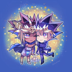 Rule 34 | 2boys, ;), atem, bracelet, bright pupils, chibi, closed mouth, commentary request, dark-skinned male, dark skin, dyed bangs, eye contact, fushitasu, grey footwear, hand grab, jewelry, looking at another, male focus, millennium puzzle, multiple boys, muto yugi, one eye closed, shoes, smile, spiked hair, star (symbol), white pupils, yu-gi-oh!, yu-gi-oh! duel monsters