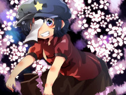 Rule 34 | 1girl, bad id, bad pixiv id, blouse, blue hair, cherry blossoms, floral background, grin, hat, leaning forward, looking at viewer, miyako yoshika, multicolored background, ofuda, outstretched arms, petals, porokkon, purple eyes, shirt, short hair, short sleeves, skirt, smile, solo, star (symbol), touhou, zombie pose