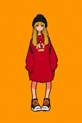 Rule 34 | 1girl, absurdres, beanie, black footwear, black hat, blonde hair, blunt bangs, bright pupils, full body, hat, highres, jewelry, long hair, looking at viewer, miyoshi yoshimi, necklace, orange background, orange eyes, original, print shirt, red shirt, shadow, shirt, shoes, simple background, sleeves past fingers, sleeves past wrists, solo, standing, white pupils