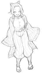 Rule 34 | 1girl, :d, absurdres, belt, belt buckle, blush, breasts, buckle, butterfly hair ornament, forehead, full body, greyscale, hair ornament, highres, jacket, katana, kimetsu no yaiba, kochou shinobu, long sleeves, looking at viewer, medium breasts, monochrome, open clothes, open mouth, pants, parted bangs, sandals, shooene, simple background, sketch, sleeves past fingers, sleeves past wrists, smile, solo, sword, teeth, upper teeth only, weapon, white background, wide sleeves, zouri