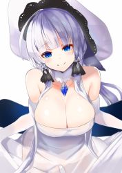 Rule 34 | absurdres, amamitsu kousuke, azur lane, bad id, bad twitter id, blue eyes, blunt bangs, breasts, cleavage, closed mouth, elbow gloves, gloves, hat, head tilt, highres, illustrious (azur lane), jewelry, large breasts, long hair, pendant, see-through, silver hair, simple background, smile, solo, standing, sun hat, upper body, very long hair, white background, white gloves, white hat