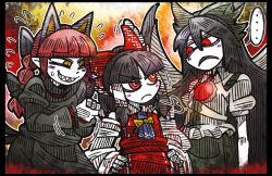 Rule 34 | ..., 3girls, animal ears, ascot, black hair, blunt bangs, blush stickers, bow, braid, cat ears, detached sleeves, eye contact, eyebrows, flying sweatdrops, frown, glaring, grin, hair between eyes, hair bow, hair tubes, hakurei reimu, hands on own hips, height difference, kaenbyou rin, long hair, long sleeves, looking at another, multiple girls, multiple tails, nervous, nervous smile, own hands together, pointy ears, red eyes, red hair, reiuji utsuho, ribbon-trimmed sleeves, ribbon trim, sharp teeth, short sleeves, sidelocks, slit pupils, smile, spoken ellipsis, suenari (peace), sweatdrop, tail, teeth, third eye, touhou, two tails, wings, yellow eyes