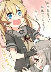 Rule 34 | &gt;:o, 10s, 2girls, :o, absurdres, abukuma (kancolle), blonde hair, blue eyes, brown eyes, drooling, dutch angle, fingerless gloves, gloves, grey hair, hair between eyes, hair rings, highres, kantai collection, kneeling, long hair, looking at another, multiple girls, open mouth, pink background, pleated skirt, pola (kancolle), remodel (kantai collection), ryuki (ryukisukune), saliva, skirt, tears, translation request, trembling, twintails, v-shaped eyebrows, wavy hair