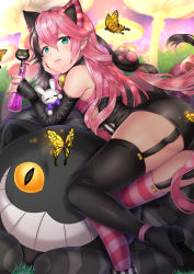 Rule 34 | absurdres, animal ears, arm warmers, ass, black hair, black legwear, black nails, blue eyes, bug, butterfly, cat, cat ears, crazy straw, day, drinking straw, garter straps, hair between eyes, hair ornament, highres, hijinrui gakuen, insect, long hair, looking at viewer, multicolored hair, mushroom, nail polish, outdoors, pink hair, striped clothes, striped legwear, striped thighhighs, stuffed animal, stuffed rabbit, stuffed toy, thighhighs, two-tone hair, uzura (moimoi), very long hair, yellow butterfly