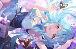 Rule 34 | 1girl, :d, absurdres, armpits, bag, blue hair, blue nails, breasts, bug, butterfly, buttons, cleavage, commentary, dutch angle, fang, flower, frilled skirt, frills, hair between eyes, hair flower, hair ornament, highres, hololive, insect, large breasts, lens flare, light blue hair, long hair, looking at viewer, nail polish, o-ring, open mouth, petals, shopping bag, sideways, skirt, smile, solo, somna, star (symbol), sunlight, teeth, underbust, virtual youtuber, yellow eyes, yukihana lamy