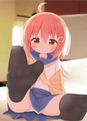 Rule 34 | 1girl, ahoge, ayanepuna, bed, black thighhighs, blue sailor collar, blue skirt, blurry, blurry background, blush, brown cardigan, brown eyes, cardigan, child, closed mouth, commentary request, depth of field, feet, foot focus, hair between eyes, hair ornament, hair ribbon, hairclip, indoors, long hair, looking at viewer, neckerchief, no shoes, off shoulder, on bed, one side up, open cardigan, open clothes, original, panties, pantyshot, pillow, pink hair, pleated skirt, ribbon, sailor collar, school uniform, serafuku, shirt, skirt, smile, soles, solo, thighhighs, toes, underwear, white panties, white ribbon, white shirt, yellow neckerchief, yune (ayanepuna)