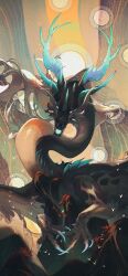 Rule 34 | abstract background, animal focus, antlers, blue eyes, blue horns, chinese commentary, claws, commentary request, danxiaqing, dragon, eastern dragon, fangs, highres, horns, looking at viewer, mane, mountain, multiple horns, no humans, open mouth, original, outdoors, simple bird, slit pupils, wings