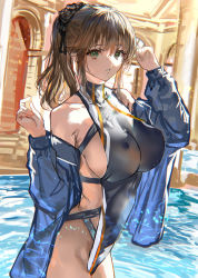 Rule 34 | 1girl, bare shoulders, black one-piece swimsuit, blue jacket, breasts, brown hair, collarbone, covered erect nipples, green eyes, hair ornament, highres, jacket, large breasts, long sleeves, looking at viewer, off shoulder, one-piece swimsuit, original, parted lips, ponytail, pool, ran&#039;ou (tamago no kimi), sideboob, solo, swimsuit, water