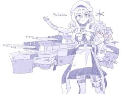 Rule 34 | 1girl, armband, beret, breasts, cannon, cleavage, cowboy shot, dress, garter straps, gloves, greyscale, hair between eyes, hat, jura cambri, kantai collection, large breasts, long hair, looking at viewer, machinery, mole, mole under eye, monochrome, multicolored clothes, multicolored ribbon, multicolored scarf, pom pom (clothes), ribbon, richelieu (kancolle), rigging, scarf, smile, solo, strapless, strapless dress, thighhighs, turret, very long hair, wavy hair, white background