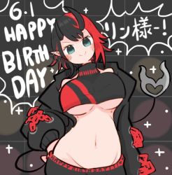 Rule 34 | 1girl, black hair, black horns, black jacket, black sports bra, blue eyes, blush, breasts, closed mouth, commentary request, dated, demon girl, demon horns, demon tail, ear piercing, grey background, groin, happy birthday, horns, jacket, large breasts, long sleeves, looking at viewer, midriff, miso love ini, multicolored hair, nanashi inc., navel, open clothes, open jacket, piercing, pointy ears, red hair, ryugasaki rene, ryugasaki rene (1st costume), short hair, smile, solo, sports bra, sugar lyric, tail, two-tone hair, two-tone sports bra, underboob, upper body, virtual youtuber