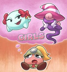 Rule 34 | 3girls, artist name, blonde hair, blush, boo (mario), bow, bow (paper mario), buttercolors, commentary, drooling, english commentary, english text, fangs, ghost tail, gloves, goomba, goombella, hat, heart, heart in eye, helmet, highres, imagining, mario (series), mining helmet, multiple girls, necktie, nintendo, open mouth, paper mario, paper mario: the thousand year door, peeka (mario), ponytail, searchlight, simple background, smile, symbol in eye, vivian (paper mario), witch hat, yuri