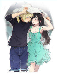 Rule 34 | 1boy, 1girl, aged down, aqua dress, armpits, bare arms, bare shoulders, black hair, black shirt, blonde hair, blue eyes, blue shorts, blush, breasts, cleavage, closed mouth, cloud strife, collarbone, commentary, couple, covering head, cowboy shot, dress, english commentary, feet out of frame, final fantasy, final fantasy vii, final fantasy vii remake, highres, leaning forward, lips, long hair, looking at another, low ponytail, medium breasts, outdoors, pudelmudel, rain, red eyes, shared blanket, shirt, short dress, shorts, spaghetti strap, spiked hair, sundress, t-shirt, tifa lockhart