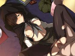 Rule 34 | 10s, 1boy, 1girl, black hair, blue eyes, blush, breasts, cape, censored, clothed female nude male, clothed sex, clothes lift, glasses, hetero, hood, hyouka, juumonji kaho, large breasts, long hair, looking at viewer, lying, missionary, mosaic censoring, navel, nipples, no bra, no panties, nude, on back, pantyhose, penis, pokiyu, pussy, rimless eyewear, school uniform, sex, shirt lift, spread legs, sweat, torn clothes, torn legwear, vaginal