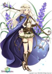 Rule 34 | 1girl, belt, blonde hair, bow (weapon), cape, circlet, city forest online, copyright name, flower, flower knight girl, full body, gladiator sandals, gloves, liriope (flower knight girl), long hair, looking at viewer, name connection, object namesake, official art, pointy ears, purple eyes, sandals, single glove, skirt, smile, solo, standing, weapon