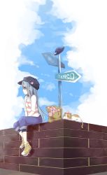 Rule 34 | 1girl, absurdres, bag, baseball cap, blue hair, brick wall, cabbie hat, calico, capri pants, cat, cloud, contemporary, female focus, food, foot dangle, fruit, hands on lap, hat, highres, hinanawi tenshi, jewelry, key, long hair, looking away, necklace, outdoors, pants, paper bag, peach, pendant, red eyes, road sign, shirt, shoes, sign, sitting, sky, sneakers, socks, solo, soramuko, striped clothes, striped shirt, touhou, unworn hat, unworn headwear, very long hair, wall