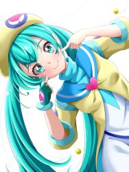 Rule 34 | 1girl, absurdres, aqua eyes, aqua hair, asymmetrical gloves, blue sailor collar, closed mouth, dress, gloves, green gloves, hagoromo lala, highres, leaning to the side, long hair, looking at viewer, pointy ears, precure, s-operator, sailor collar, single glove, smile, solo, star-shaped pupils, star (symbol), star twinkle precure, symbol-shaped pupils, twintails, very long hair, white background, white dress, yellow headwear