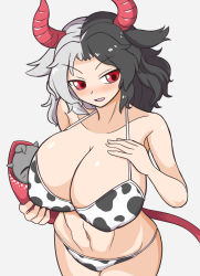 Rule 34 | 1girl, animal ears, animal print, baby, bikini, black bikini, black hair, blush, breasts, cleavage, collarbone, commentary request, cow ears, cow girl, cow horns, cow print, cow tail, from above, hand on own chest, highres, holding, holding baby, horns, huge breasts, igu (103milk), looking at viewer, multicolored bikini, multicolored clothes, multicolored hair, navel, oni horns, open mouth, parted lips, red eyes, red horns, solo, swimsuit, tail, touhou, ushizaki urumi, white bikini, white hair